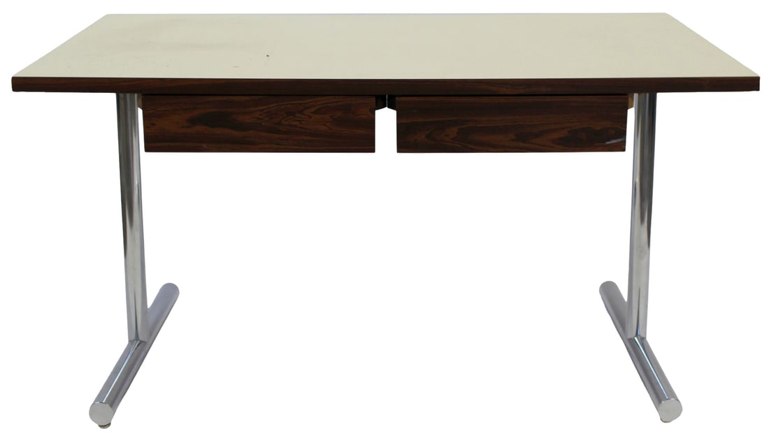 Midcentury Chrome & Rosewood Desk.: Nice size and lines with 2 drawers and chrome frame. From a Rye, NY estate. - Dimensions: 30" h x 586"w x30.5"d.