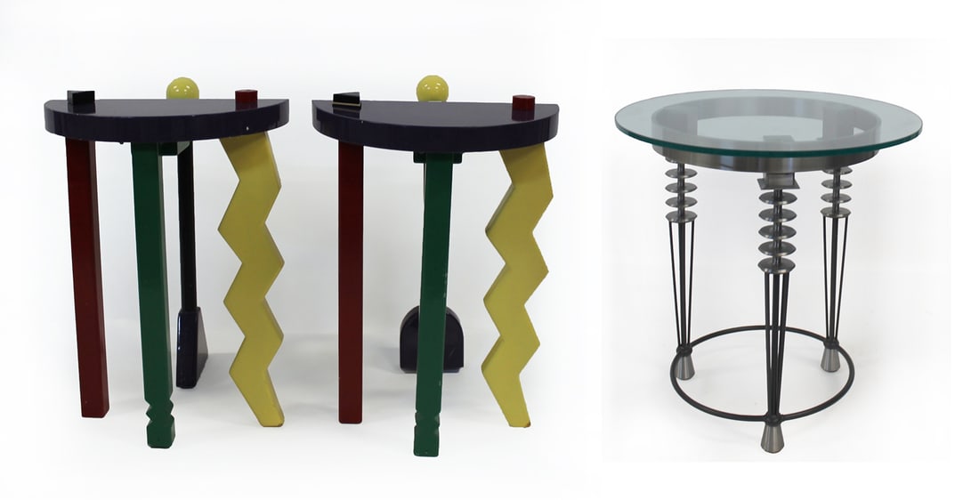 THORS Signed And Dated 93 Enameled Metal: Side Tables Together With A Steel Table. From a Greenwich, CT estate. Dimensions: Pair: 27.5" h x 20" w x 20" d. Single: 24.5" h x 23.5" dia.