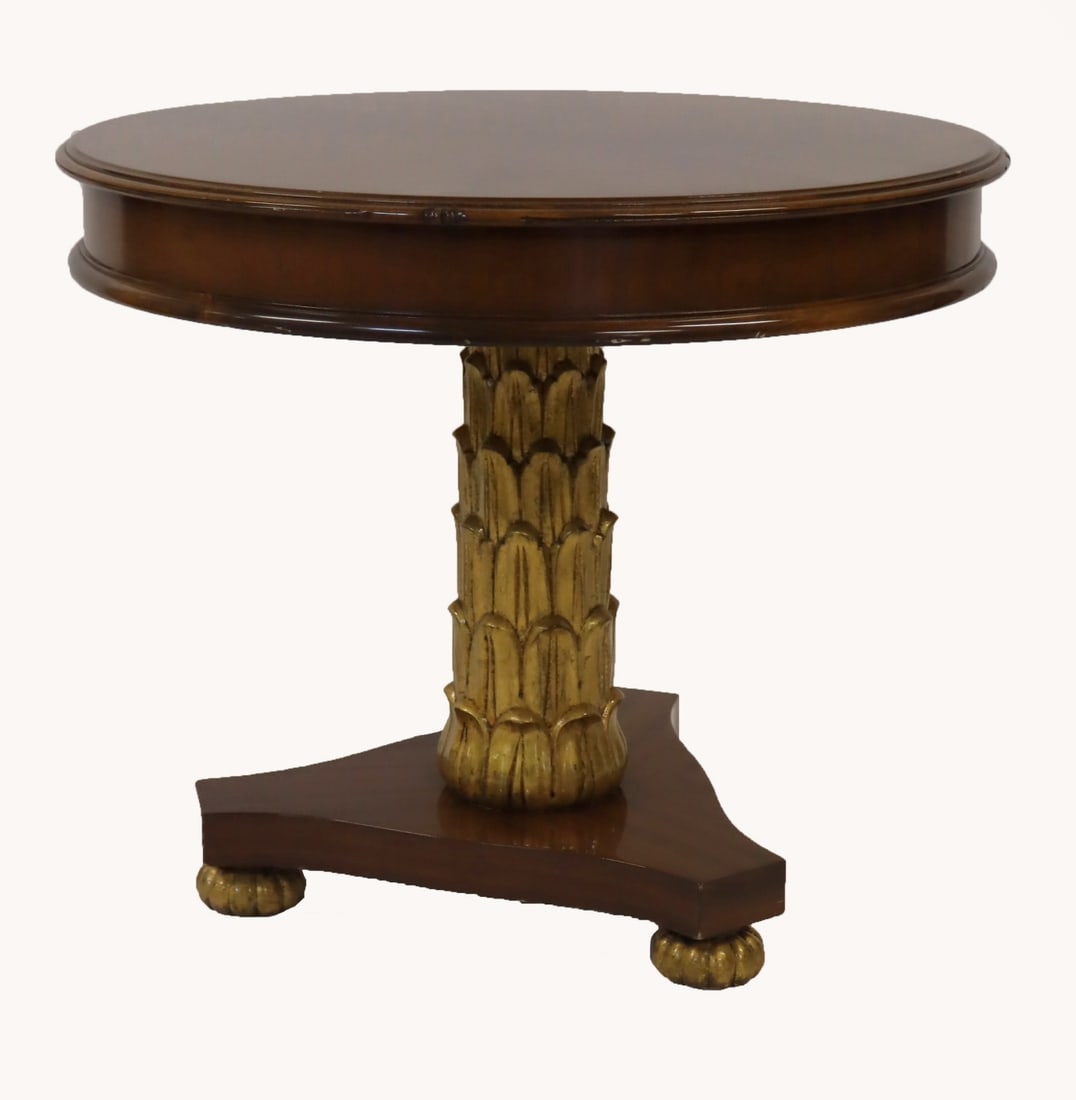 Mahogany Center Table With Carved & Gilt Base.: With a carved foliate form gilt pedestal and bunn feet. From a Lawrence, Long Island, NY estate. - Dimensions: 33" x 28.5".