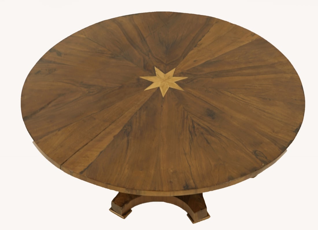 Antique Continental Star Inlay Circular Table.: Table has been cut down. From a Greenwich, CT estate. - Dimensions: 19" h x 43.5" dia