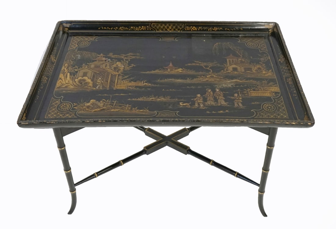 Chinoiserie Decorated Bamboo Form Tray Top Table. (1 of 5)