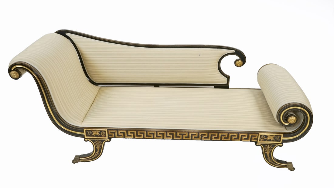 Regency Paint and Parcel Gilt Chaise Lounge.: With Greek key design, applied lion's head florets, and paint decoration of Pegasus and lyres. From a Greenwich, CT estate. - Dimensions: 32.5" h x 78" L x 27" w.