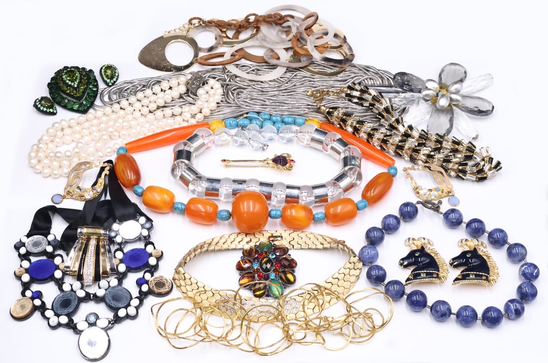 JEWELRY. Grouping of Costume Jewelry.: Includes an Austrian brooch and matching clip back earrings - stamped, "Made in Austria"; a gold tone Givenchy scepter form brooch - stamped, "Givenchy"; a Rush by Denis & Char