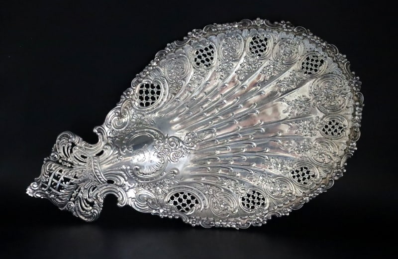 STERLING. Tiffany & Co. Sterling Peacock Tray.: A magnificent Tiffany & Co. Sterling "Peacock" tray, crafted between 1892 and 1902 under the directorship of Charles L. Tiffany. This exceptional example of Gilded Age silver craftsmanship is raised o