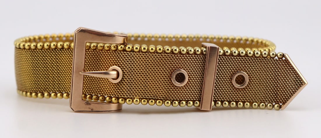 JEWELRY. English 9ct Gold Buckle Form Bracelet. (1 of 8)