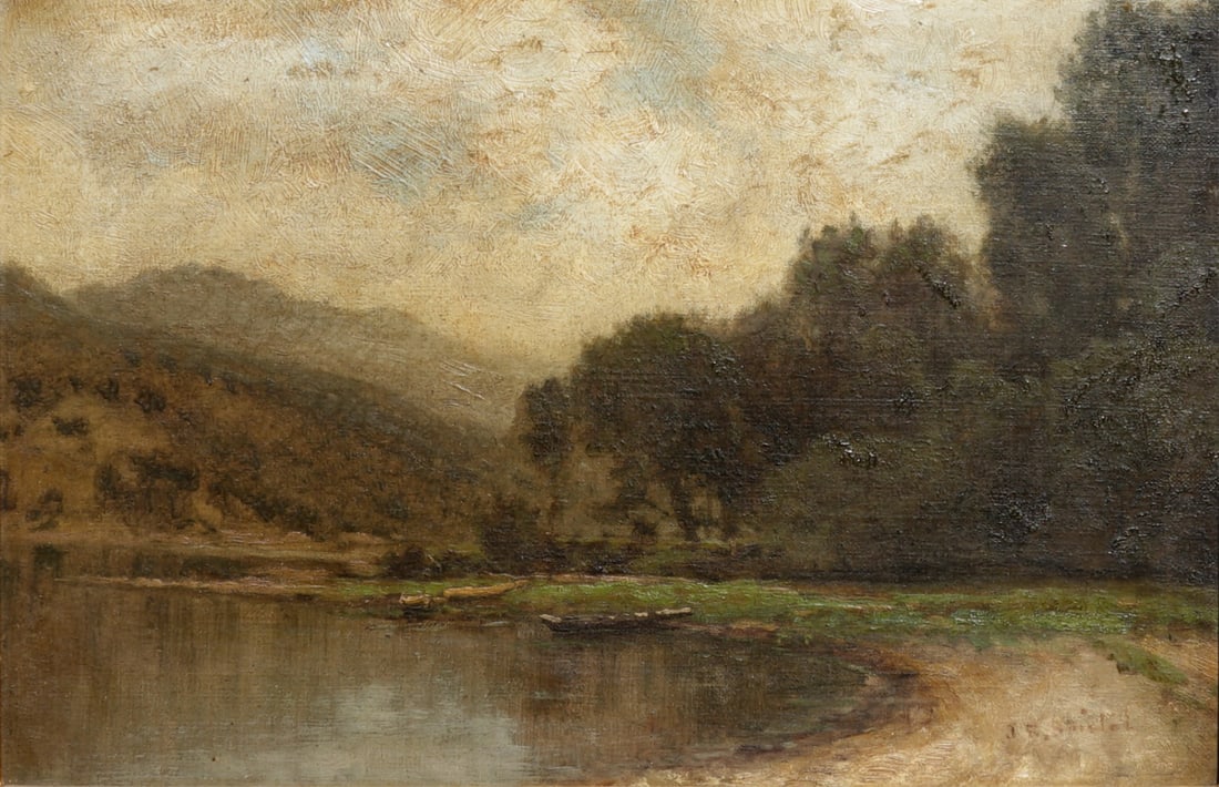 JOHN BUNYAN BRISTOL (AMERICAN, 1826-1909).: 'Hudson River View'. Oil on canvas. Signed lower right. Property from a Westchester County, NY estate. Dimensions: 12" h x 17" w. Frame: 19" h x 24" w.