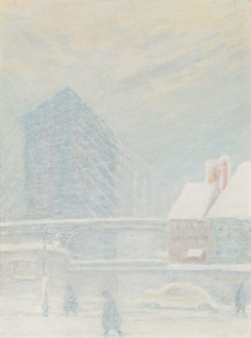 JOHANN BERTHELSEN (DANISH/AMERICAN, 1883-1972).: 'Brooklyn Bridge, Gospel Mission, NYC'. Oil on canvas board. Signed lower right. Provenance: Clayton-Liberatore Galleries, NY. Property from a New Jersey estate. Dimensions: 16" h x 12 " w.