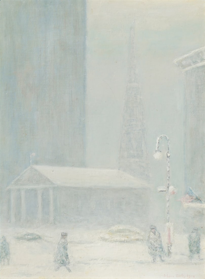 JOHANN BERTHELSEN (DANISH/AMERICAN, 1883-1972).: 'St. Paul's Chapel, NYC'. Oil on canvas board. Signed lower right. NY. Property from a New Jersey estate. Dimensions: 16" h x 12 " w. Frame: 23" h x 19" w.