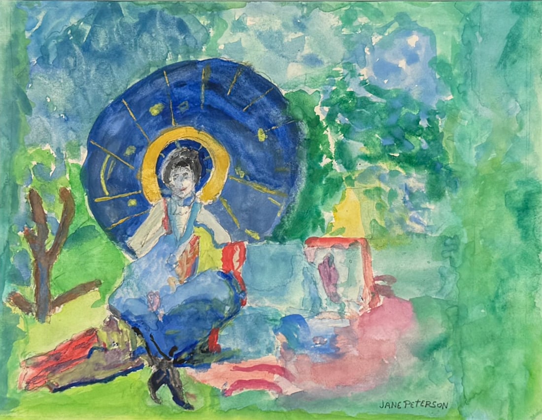 JANE PETERSON (AMERICAN, 1876 -1965).: 'Woman with a Parasol Having a Picnic '. Watercolor on paper. Signed lower right. Property of a Stamford, CT collection. Dimensions: Sight size: 10.25" h x 13.50" w. Frame: 22.75" h x 2