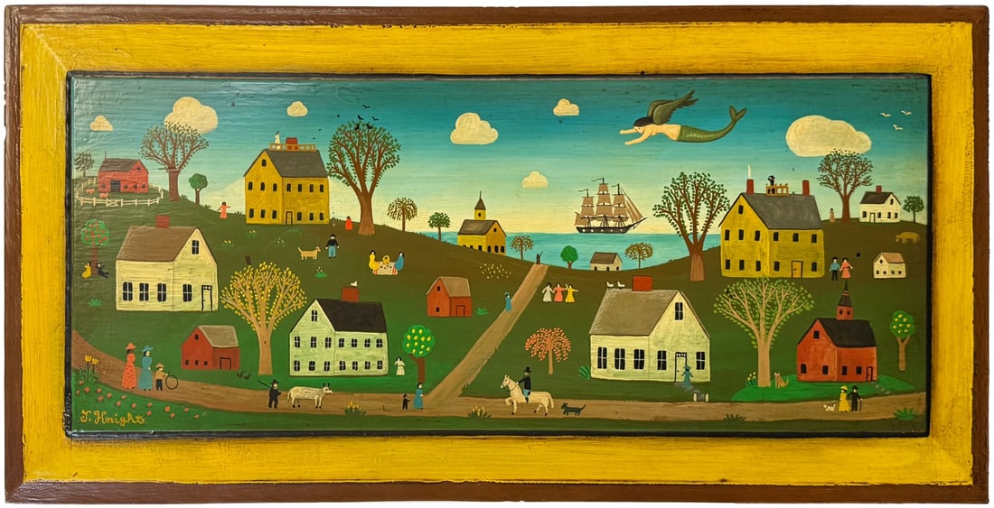 JACOB JASKOVIAK KNIGHT (AMERICAN, 1938-1994): 'Seaside Town'. Oil on board. Signed lower left. Property from a New Rochelle, NY estate. Dimensions: 8.125 "h x 20.25" w. Frame: 11.625" h x 23.625" w.