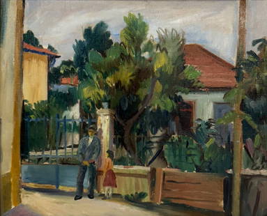 CIRCLE OF GLENN O. COLEMAN.: 'Man and Child at Gate'. Oil on canvas. Apparently unsigned. Property from a Great Neck, Long Island, NY estate. Dimensions: 19.50" h x 24 "w. Frame: 24" h x 28.25" w.