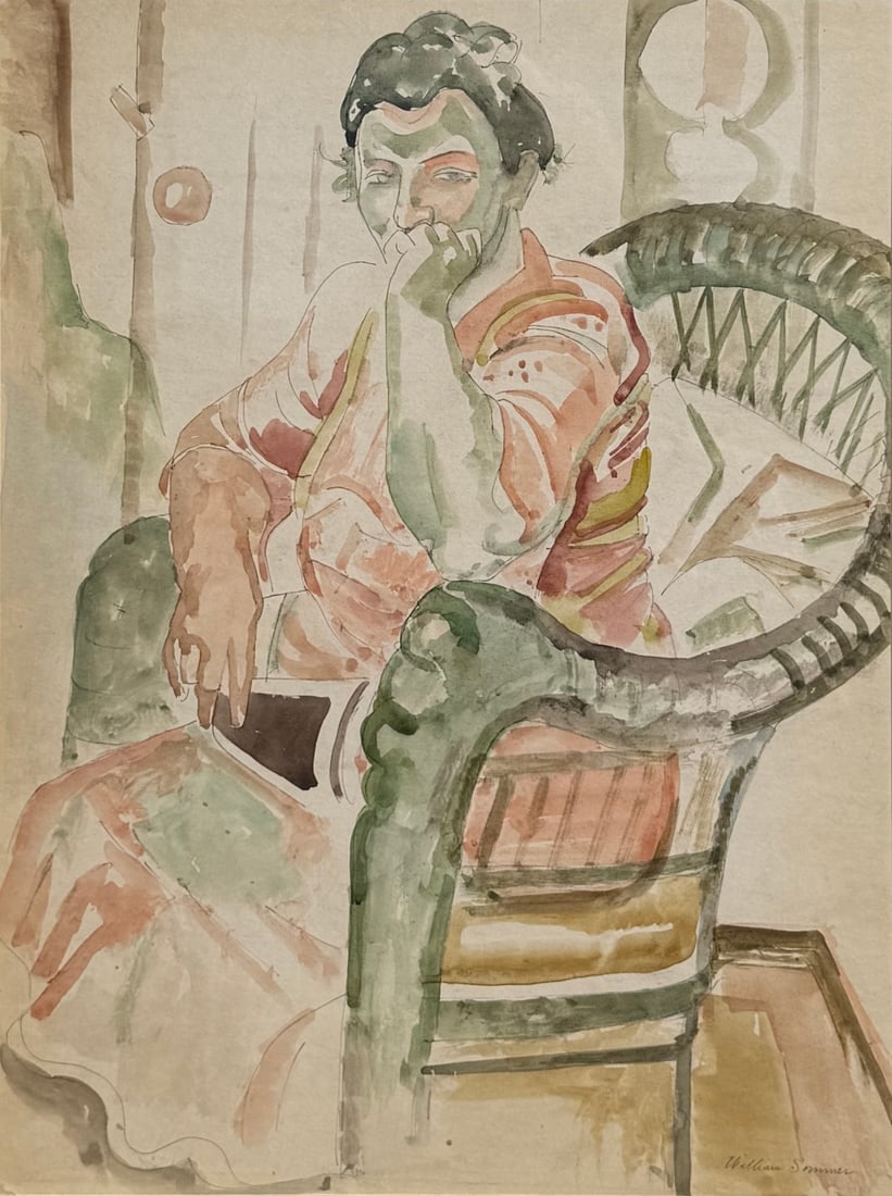 WILLIAM SOMMER (AMERICAN, 1867-1949).: 'Portrait of Woman in Chair'. Watercolor and pencil on paper. Signed lower right. Property from a Manhattan, NYC estate. Dimensions: Sight size: 15.375" h x 11.50" w. Frame: 24.625" h x