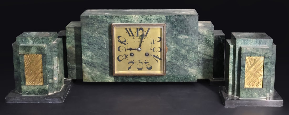 Art Deco Marble Clock Set Signed Ovington. (1 of 11)