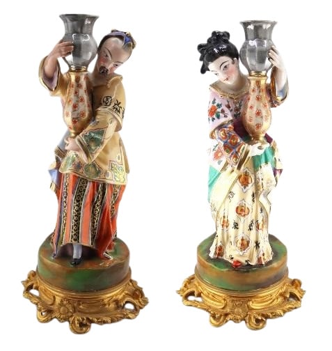 Pair of Old Paris Porcelain Asian Candlesticks. (1 of 20)