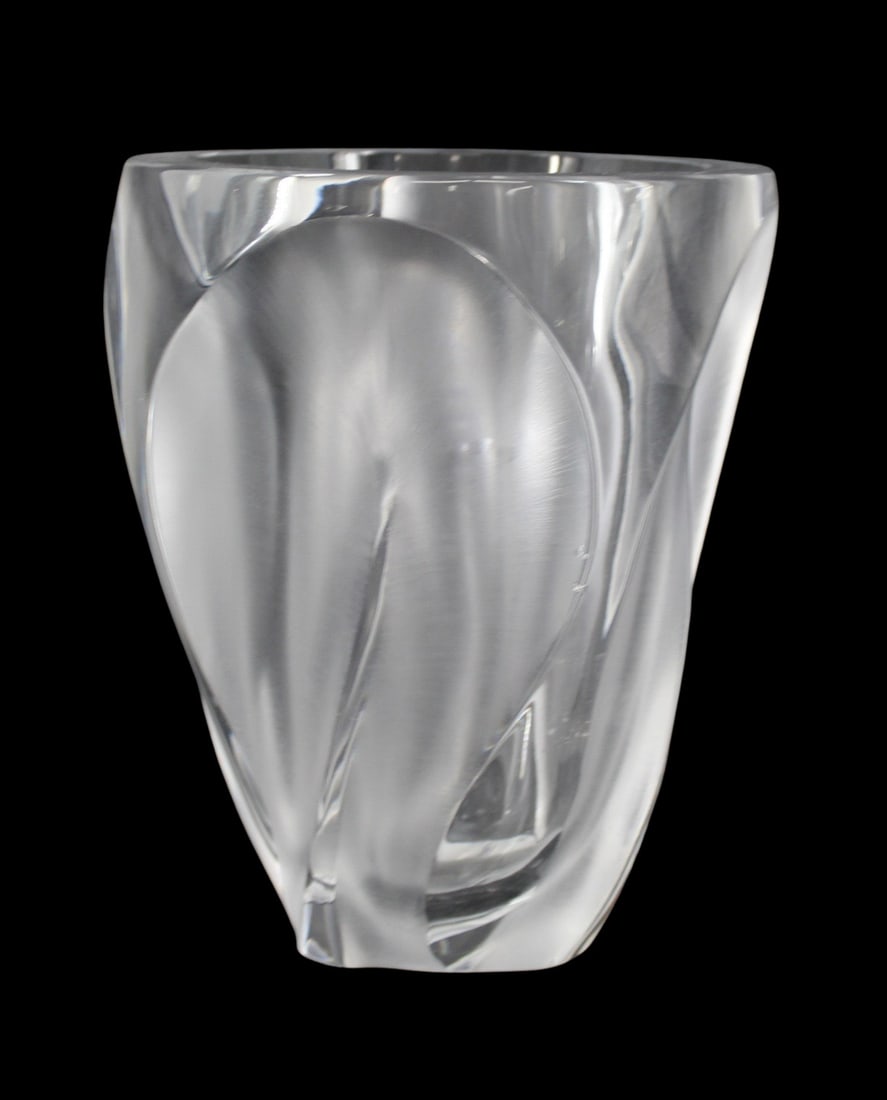 LALIQUE France Clear & Frosted Glass Vase.: Large and signed on the base. From a Great Neck, Long Island, NY estate. - Dimensions: 10.5" h x 8.5" w.