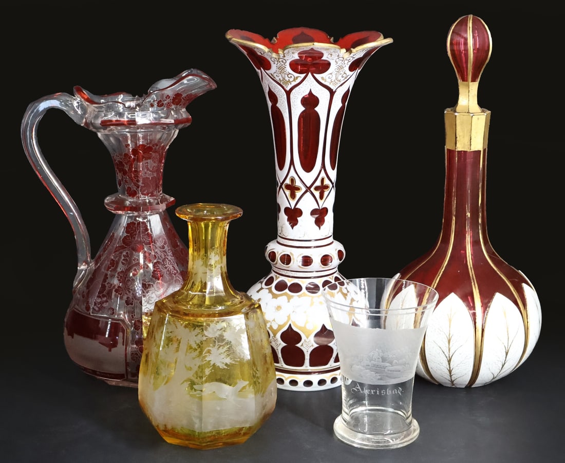 Bohemian Ruby, Clear & Amber Glass Lot. (1 of 9)
