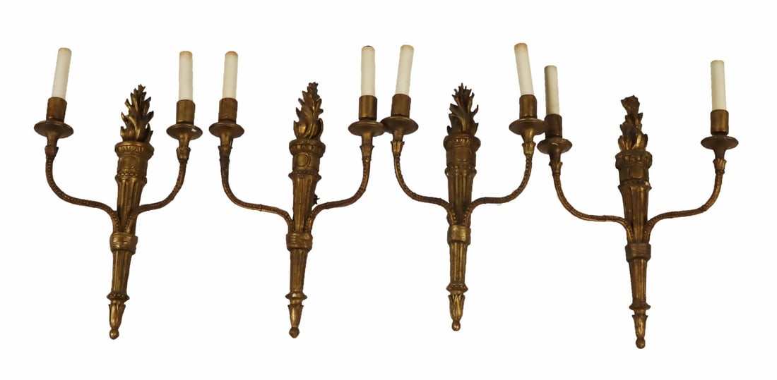 (4) Antique Carved Wood Flame 2-Arm Sconces. (1 of 7)