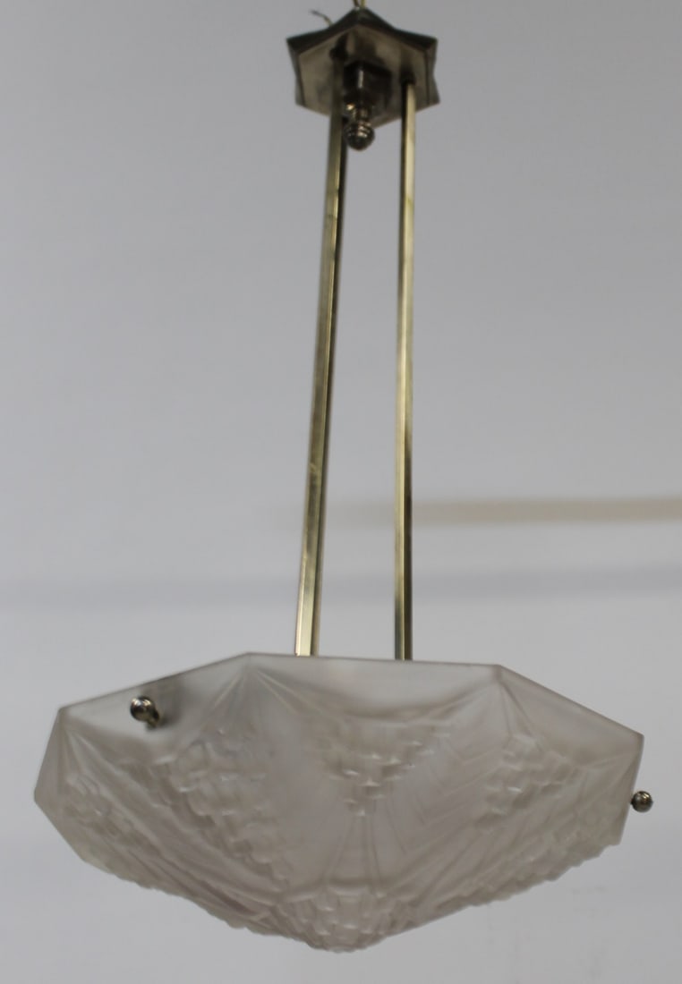 Art Deco Andre Neut Frosted Glass Chandelier.: Inscribed to rim, "1120 France A. Neut". From a Long Island, NY estate. Dimensions: 14" x 14" x 28" h.