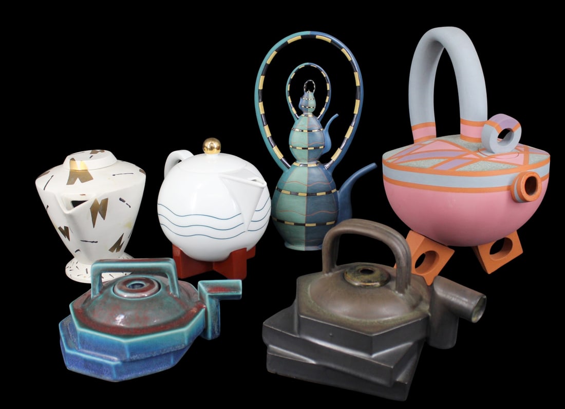 Group of Six Modern Teapots Including Swid Powell: (1) "Little Dripper", Swid Powell for Michael Graves (1987), 2) "Native American", Patricia Fahie, 3) "Recursive Teapots", Gail Busch, 4) "Curling I", Stephen L