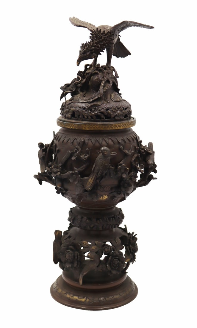 Ornate Japanese Bronze Lidded Urn with Birds. (1 of 15)