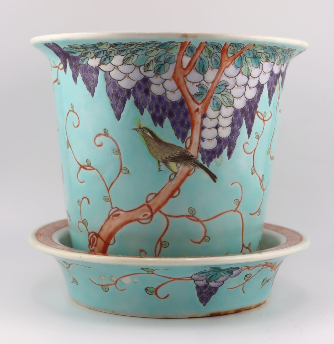 Chinese Enamel Decorated Planter and Underplate. (1 of 13)