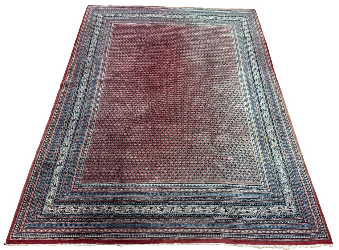 Vintage & Finely Hand-Knotted Room-Size Persian: Carpet. Rich red field, framed by intricate blue and ivory borders. From a New Jersey estate. - Dimensions: 8ft 8" x 12ft.