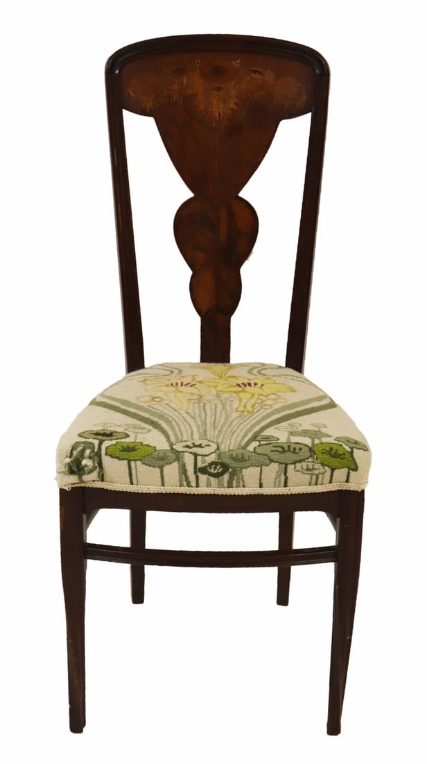 Louis Marjorelle (FRENCH, 1859-1926).: Art Nouveau Louis Marjorelle "Tournesols" or "Sunfloewrs" inlaid occasional chair with floral decoration. With embroidered floral seat. This chair model was produced for the Paris 