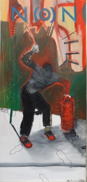 LOTENERO, Michael. Oil on Canvas of Figure with: Mallot "NON." Signed and dated 1992 lower right. Lafond Gallery, Pittsburgh, PA label verso. Michael Lotenero, American, 20th/21st C. Dimensions: 48" high x 24" wide. Condition: Good.