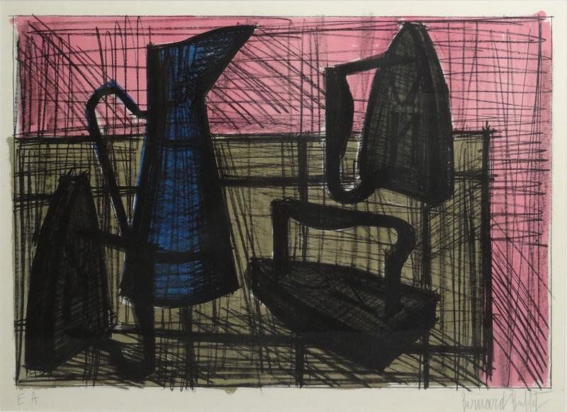 BUFFET, Bernard. Lithograph Still Life with: Pitcher & Irons. Pencil signed lower right. Artist's proof - marked E.A. lower left. Bernard Buffet, French, 1928 - 1999. Dimensions: image - 19" high x 17.25" wide. Condition: Good, not examined out