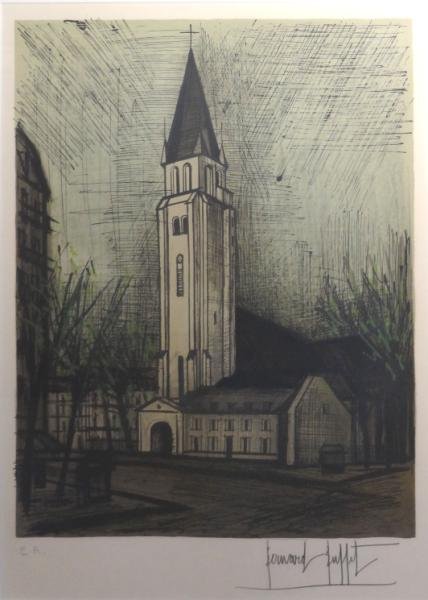 BUFFET, Bernard. Lithograph of a Church.: Pencil signed lower right. Artist's proof - marked E.A. lower left. Bernard Buffet, French. 1928 - 1999. Dimensions: image - 22.75" high x 17.5" wide. Condition: Good, not examined out of frame.