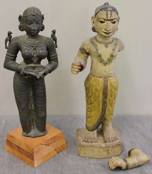Southeast Asian Lot.: Including a painted terracotta? figure - as is, and a bronze deity figure as a lamp mounted on a wood base. From a Darien, CT home. Dimensions: Terracotta- 5" wide x 4.5" deep x 17.5" high; Bronze- 15