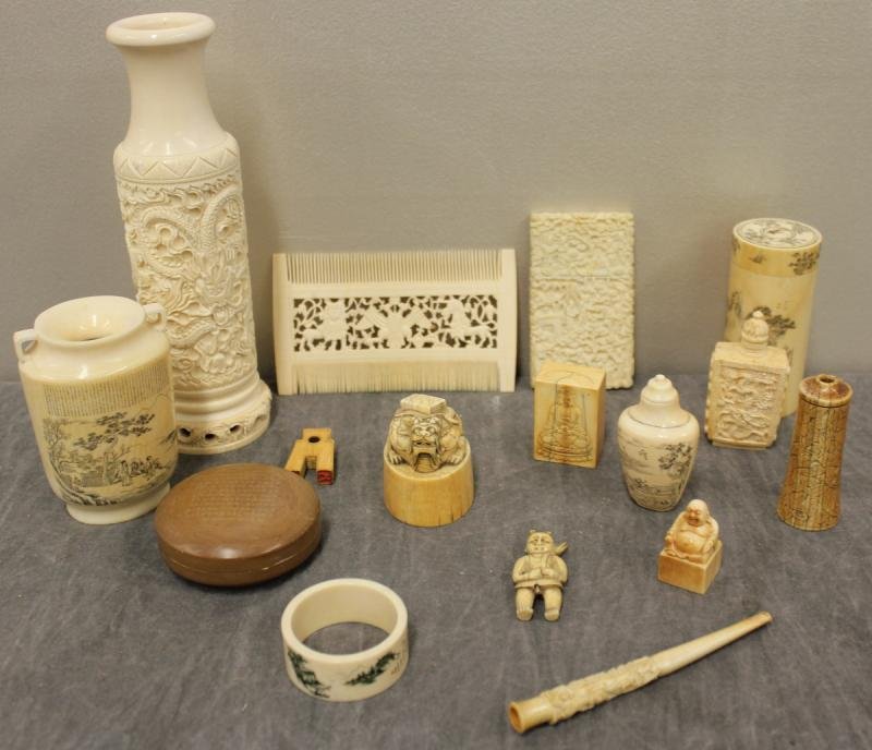 Antique Asian Chinese Ivory Lot.: Includes a finely carved vase, a finely engraved and inscribed two handle vase, another finely inscribed and engraved lidded cylinder box, a card case, a double sided seal, a cigarette holder, a doubl