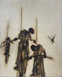 JAMES GROODY (AMERICAN, b. 1940).: 'Boys on Bikes with Fishing Poles'. Mixed media, oil, newspaper collage on board. Signed lower middle right. Property of an Astoria, Queens, NYC estate. Dimensions: 30" h x 24" w. (unframed)