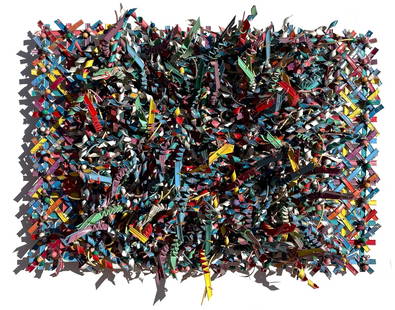 JOHN G. GARRETT (AMERICAN, b. 1950).: 'Soiree Terrace'. 1982. 3D Woven plastic and vinyl painted strips, wire, beads, and wood. Provenance: The Elements Gallery, NY. Signed and dated on top frame edge in black marker. Property of a Centra
