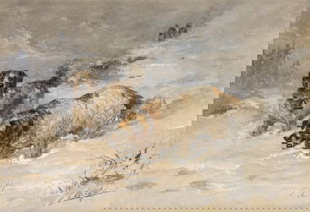 CHARLES OLIVIER DE PENNE (FRENCH, 1831-1897).: 'St. Bernards in Snow'. Watercolor and gouache on paper. Signed lower right. Provenance: Neuville Vivien & Cie. Paris. Property from an Alpine, NJ estate. Dimensions: Sight size: 12.50" h x 1
