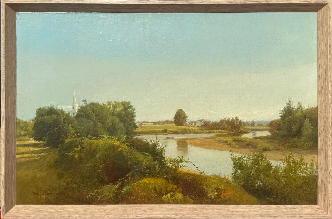 WILLIAM HART (SCOTTISH/AMERICAN, 1823-1894).: 'River Landscape with Church and Houses in the Distance'. 1857. Oil on canvas. Signed and dated lower left. Property of a Bronx, NYC collection. Dimensions: 18" x 28" w, Frame: 19.50" h