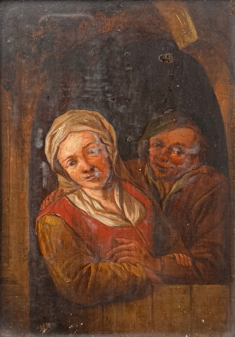 FOLLOWER OF ADRIAEN VAN OSTADE.: 'Couple at the Door' Oil on panel. Apparently unsigned. Property from a New Rochelle, NY estate. Dimensions: 9" h 6.25" w. Frame: 14.125" h x 11.25" w.