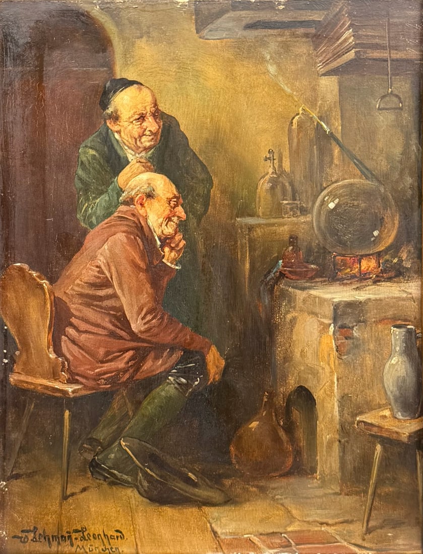 WILHELM LEHMANN-LEONHARD (GERMAN, 1877-1954).: 'The Kitchen Experiment'. Oil on board. Signed with location, 'Muchen' lower left corner. Property from a New Rochelle, NY estate. Dimensions: 12.50" h x 9.25" w. Frame: 23" h x 19.75&q