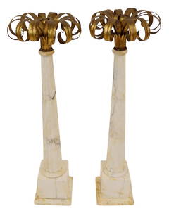 Pair of Marble and Gilt Metal Decorative Elements.: Wonderful carved marble tapered columns on plinth bases with gilt metal scrolls extending from the tops. From a Greenwich, CT estate. Dimensions: approx. 9.5" x 9.5" x 47" h.