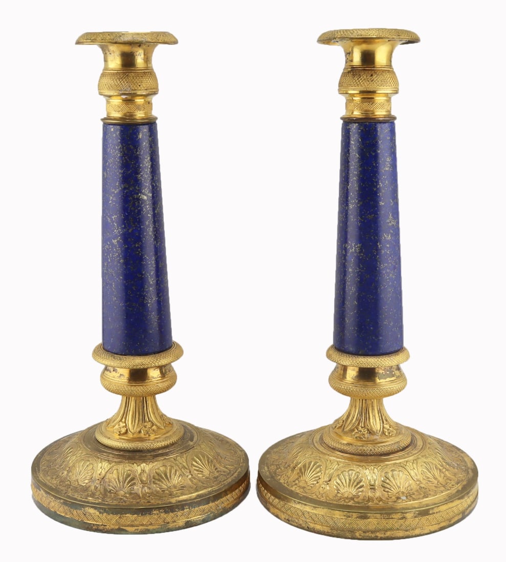 19th Century Empire Gilt Bronze and Lapis Lazulis: Candlesticks. From a Stonington, CT estate. - Dimensions: 9.75" h x 4.75"