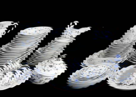 Large Service Royal Copenhagen Blue Fluted Plain: A fine and large set of Royal Copenhagen Blue Fluted Plain to include: 9 dinner plates (10"), 9 salad plates (7.75"), 15 bread plates (6 1/8"), 10 soup bowls (8 3/8"), 10 teacups,