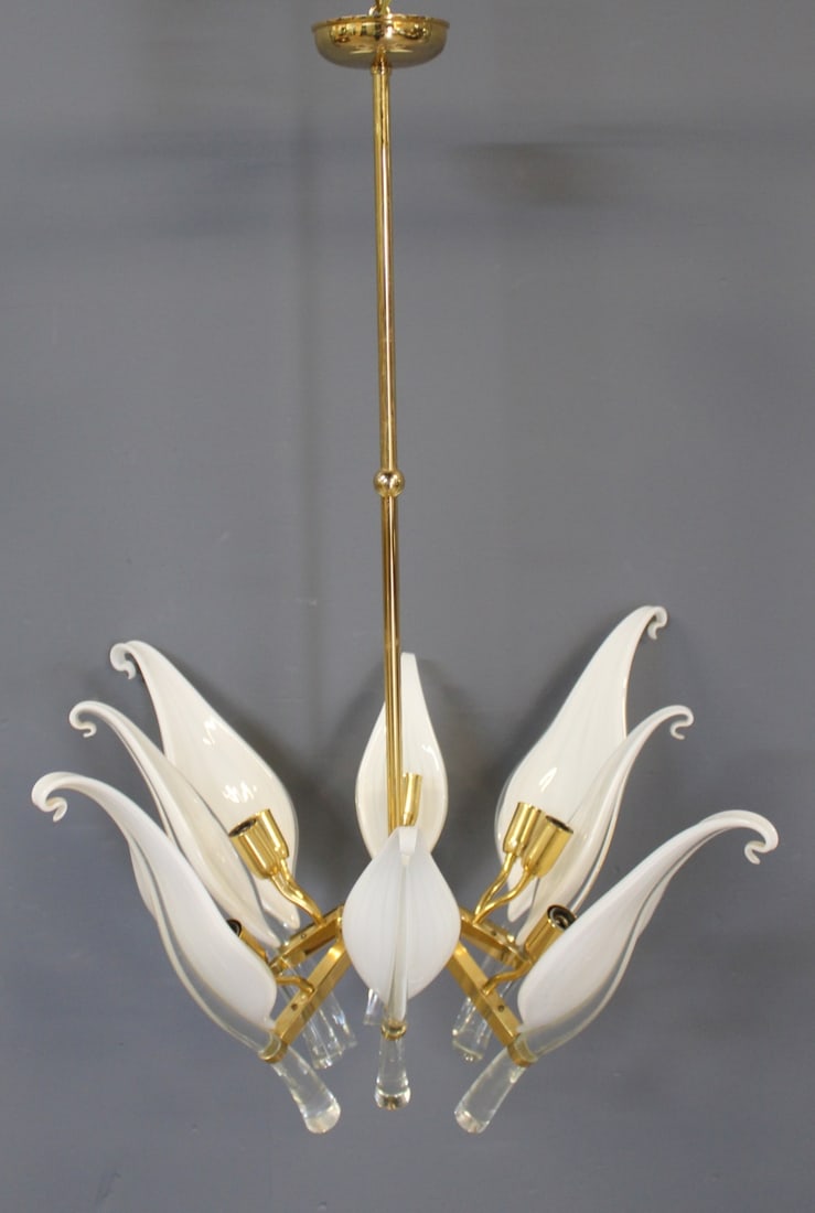 Franco Luce Modernist Murano Glass Chandelier.: Nice large size with leaf form shades. From a Madison Ave, NYC estate. - Dimensions: 33" w x 44" h