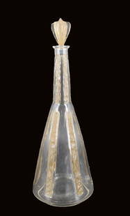 RENE LALIQUE Signed Etched Glass Decanter.: Signed in script on base. Amber to clear with lid. From a Long Island, NY estate. - Dimensions: 13"h