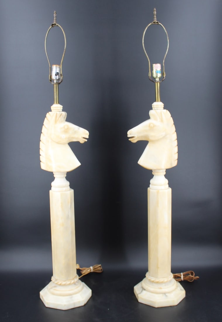 Antique & Tall Pair Of Alabaster Horse Head Lamps. (1 of 9)
