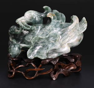 Chinese Jade Goose and Lotus Group with a Stand. (1 of 9)