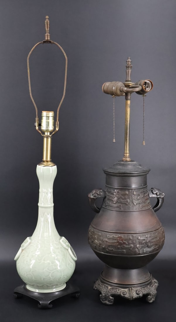 Chinese Bronze and Celadon Vases as Lamps. (1 of 9)
