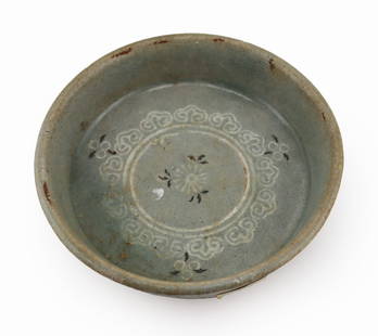 Antique Korean Celadon Bowl.: With ruyi pendants and floral decoration to the interior of the bowl and exterior borders. From a Stonington, CT estate. Dimensions: bowl measures approx. 4.75" in diameter x 1.675" h.