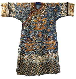 Chinese Embroidered Dragon Robe.: A blue Chinese court robe displaying four long in profile along the skirt and four front facing long on the upper body indicating ownership by a first or second degree prince. From a Great Neck, NY es