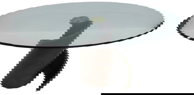 MAURICE BARILONE For Roche Bobois Dining Table.: Beveled oval thick glass top raised by a patinated steel Base. Property of a Larchmont, NY estate. Dimensions: Glass 70" x 47" and Base 29" h x 21" dia.