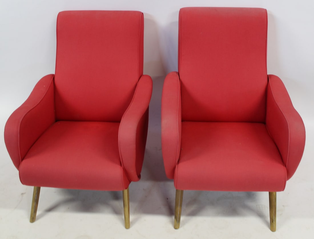 Midcentury Pair Of Upholstered Reclining Chairs: From a Greenwich CT estate. - Dimensions: 34" h x 27.5" w x 30.5" d